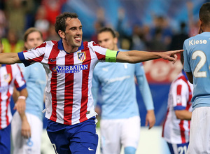 temporada 14/15. Partido Champions League entre el Atlético de Madrid y Malmo. Godín celebrando su gol